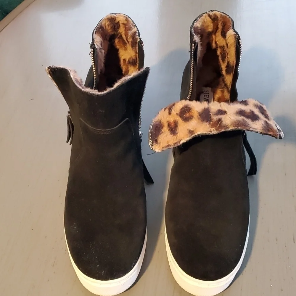 Steve Madden| Black Leather Suede Saidi Animal Print Wedge Boots Size 10 M